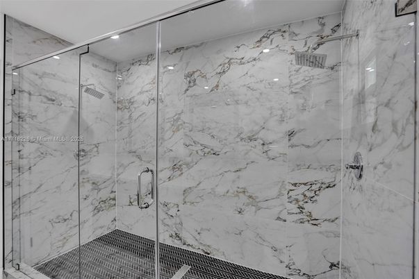Bathroom, Glass Shower, Interior, Marble Walls, Recessed Lighting