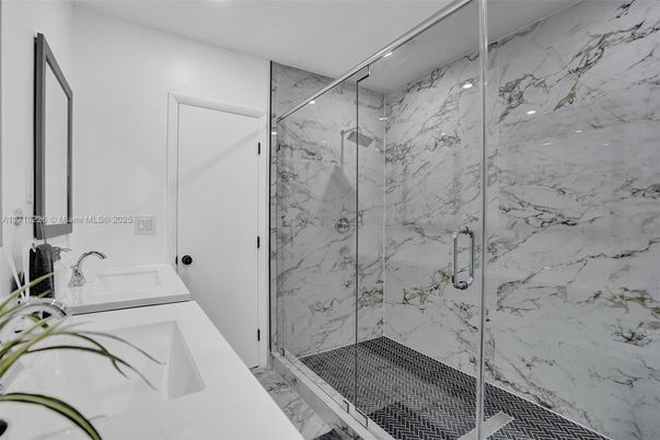 Bathroom, Glass Shower, Interior, Marble Walls, Recessed Lighting