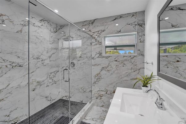Bathroom, Glass Shower, Interior, Marble, Marble Walls, Recessed Lighting