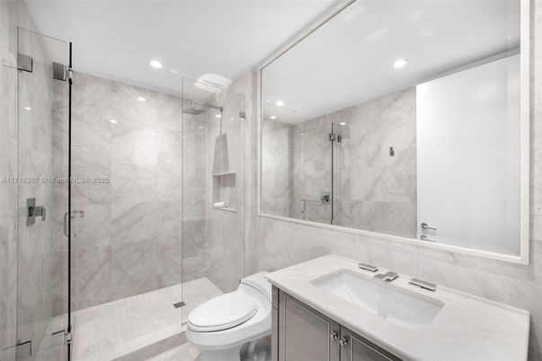 Bathroom, Glass Shower, Interior, Marble Walls, Recessed Lighting