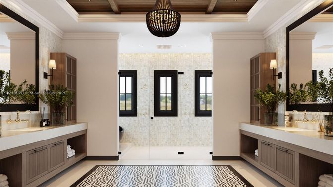 Bathroom, Glass Shower, Interior, Pendant Lights, Recessed Lighting, Wooden Beams, Wooden Ceilings