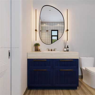 Bathroom, Interior, Recessed Lighting, Wood Texture Flooring