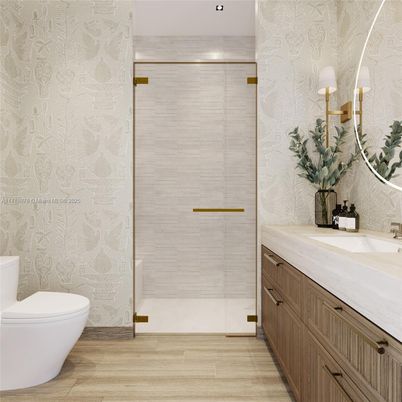 Bathroom, Glass Shower, Interior, Recessed Lighting, Wood Texture Flooring