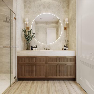 Bathroom, Glass Shower, Interior, Wood Texture Flooring