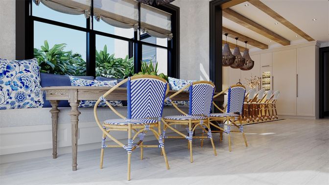 Dining room, Interior, Pendant Lights, Recessed Lighting, Wooden Beams