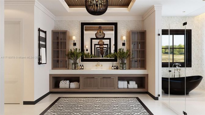 Bathroom, Dual Sink Vanities, Free Standing Baths, Interior, Recessed Lighting, Wooden Ceilings