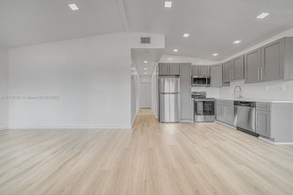 Interior, Kitchen, Recessed Lighting, Stainless Steel Appliances, Wood Texture Flooring