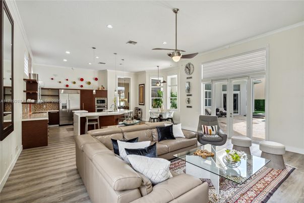 Dining room, Interior, Kitchen, Living room, Pendant Lights, Recessed Lighting, Stainless Steel Appliances, Wood Texture Flooring