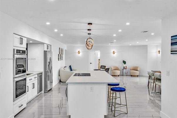 Interior, Kitchen, Marble, Pendant Lights, Recessed Lighting, Stainless Steel Appliances
