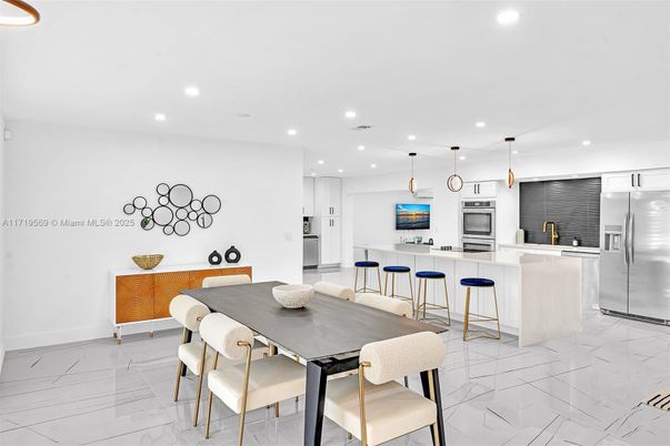 Dining room, Interior, Kitchen, Marble, Pendant Lights, Recessed Lighting, Stainless Steel Appliances
