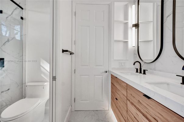 Bathroom, Dual Sink Vanities, Glass Shower, Interior, Marble, Marble Walls