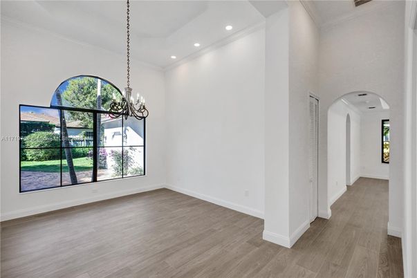 Chandelier, Empty room, Interior, Recessed Lighting, Wood Texture Flooring