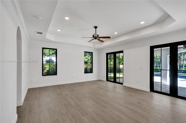 Empty room, Interior, Recessed Lighting, Wood Texture Flooring
