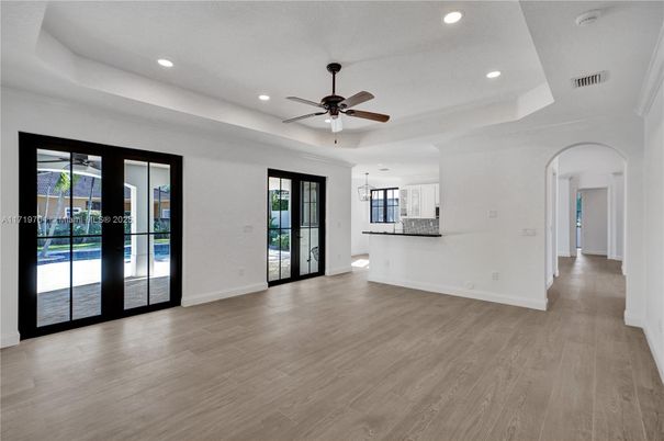 Empty room, Interior, Pendant Lights, Recessed Lighting, Wood Texture Flooring