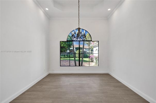 Chandelier, Empty room, Interior, Recessed Lighting, Wood Texture Flooring