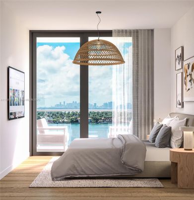 Bedroom, Interior, Pendant Lights, Water, Wood Texture Flooring