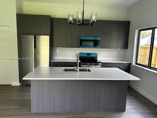 Chandelier, Interior, Kitchen, Stainless Steel Appliances, Wood Texture Flooring