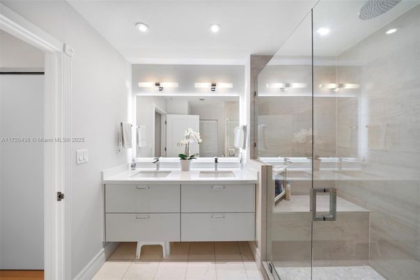 Bathroom, Dual Sink Vanities, Glass Shower, Interior, Recessed Lighting
