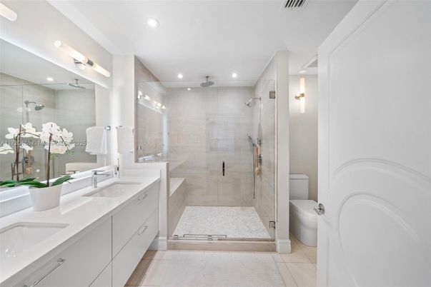 Bathroom, Dual Sink Vanities, Glass Shower, Interior, Recessed Lighting