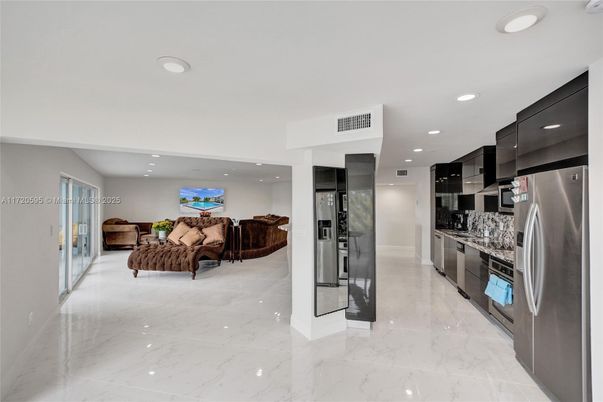 Interior, Kitchen, Living room, Marble, Recessed Lighting, Stainless Steel Appliances