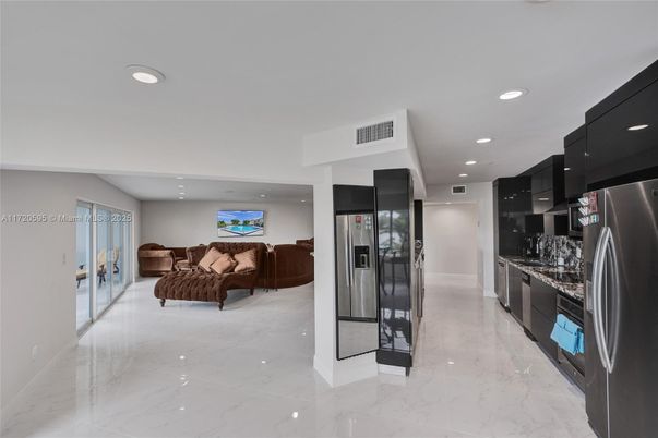 Interior, Kitchen, Living room, Marble, Recessed Lighting, Stainless Steel Appliances