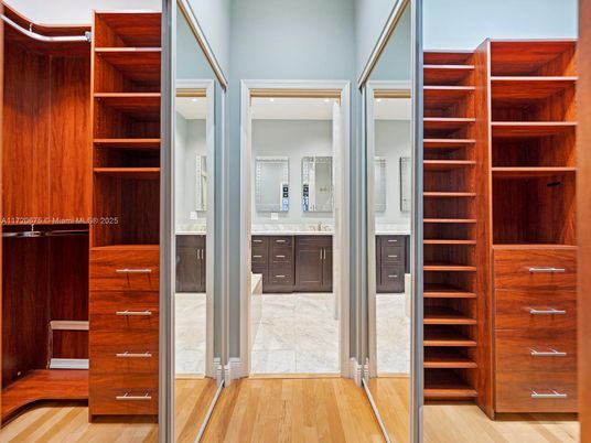 Bathroom, Dual Sink Vanities, Interior, Marble, Walk-in Closets, Wood Texture Flooring