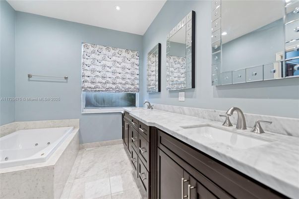 Bathroom, Dual Sink Vanities, Interior, Marble, Recessed Lighting