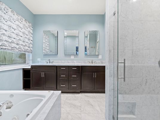 Bathroom, Dual Sink Vanities, Glass Shower, Interior, Marble, Marble Walls