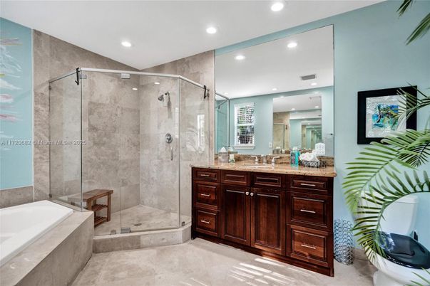 Bathroom, Dual Sink Vanities, Glass Shower, Interior, Recessed Lighting