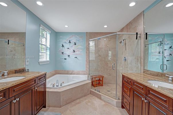 Bathroom, Dual Sink Vanities, Glass Shower, Interior, Recessed Lighting