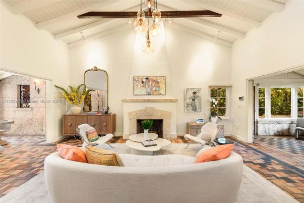 Fireplace, Interior, Living room, Pendant Lights, Wooden Beams
