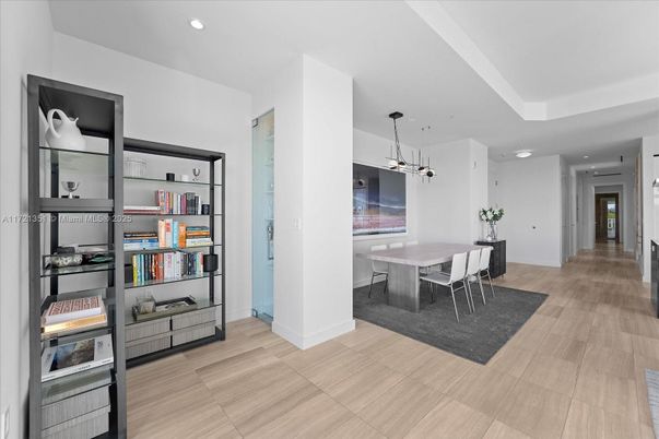 Dining room, Interior, Pendant Lights, Recessed Lighting, Wood Texture Flooring