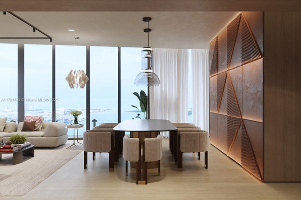 Dining room, Interior, Living room, Pendant Lights, Water, Wood Texture Flooring