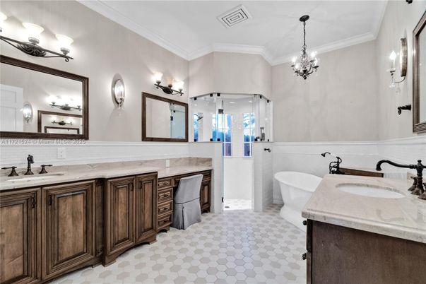 Bathroom, Chandelier, Dual Sink Vanities, Free Standing Baths, Glass Shower, Interior