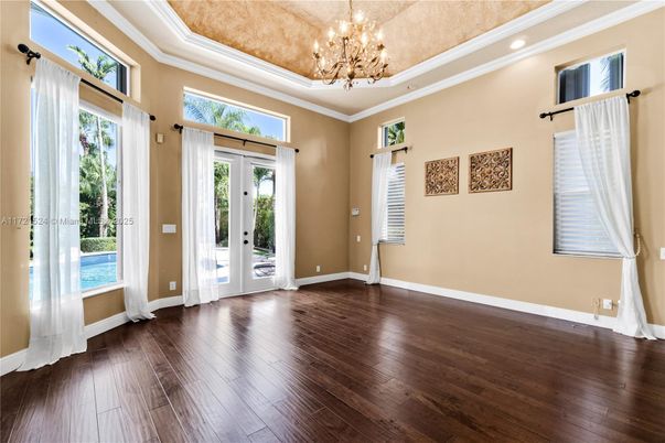 Chandelier, Empty room, Interior, Recessed Lighting, Wood Texture Flooring