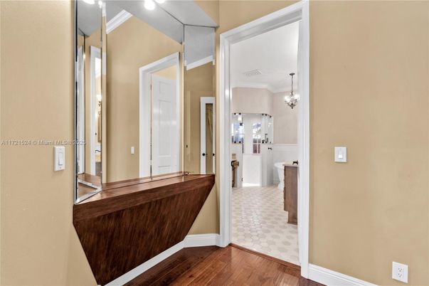 Bathroom, Chandelier, Interior, Recessed Lighting, Wood Texture Flooring