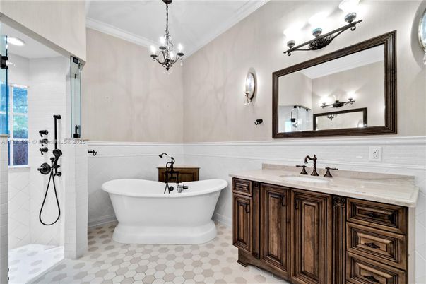 Bathroom, Chandelier, Dual Sink Vanities, Free Standing Baths, Interior, Pendant Lights