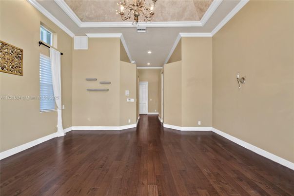 Chandelier, Empty room, Interior, Recessed Lighting, Wood Texture Flooring
