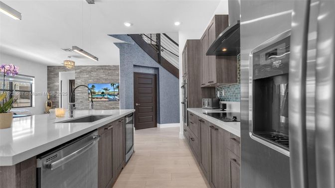 Interior, Kitchen, Pendant Lights, Recessed Lighting, Stainless Steel Appliances, Wood Texture Flooring