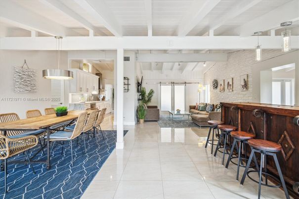 Dining room, Interior, Living room, Pendant Lights, Stone Walls
