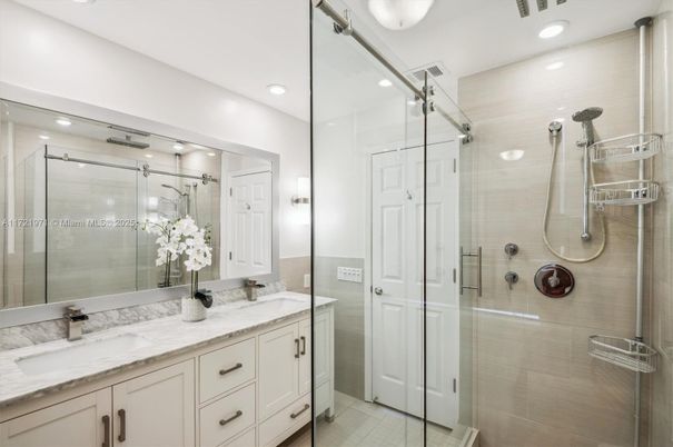 Bathroom, Dual Sink Vanities, Glass Shower, Interior, Recessed Lighting