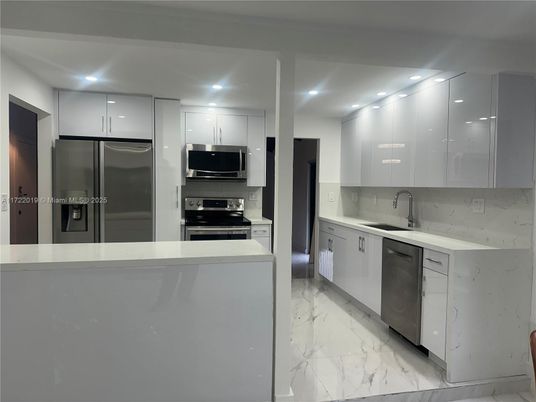 Interior, Kitchen, Marble, Recessed Lighting, Stainless Steel Appliances