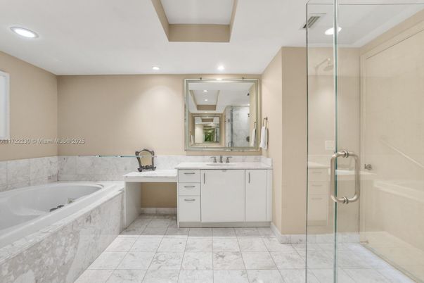 Bathroom, Dual Sink Vanities, Glass Shower, Interior, Marble, Recessed Lighting