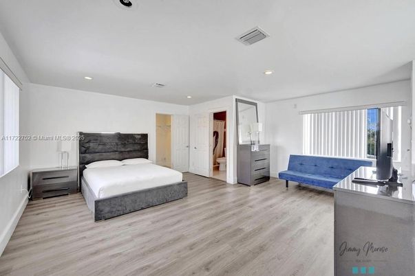 Bedroom, Interior, Recessed Lighting, Wood Texture Flooring