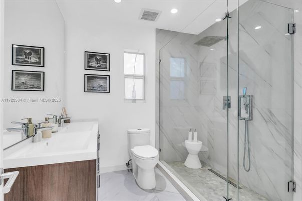 Bathroom, Glass Shower, Interior, Marble, Marble Walls, Recessed Lighting
