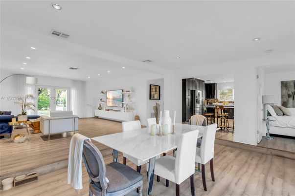 Dining room, Interior, Kitchen, Living room, Recessed Lighting, Stainless Steel Appliances, Wood Texture Flooring