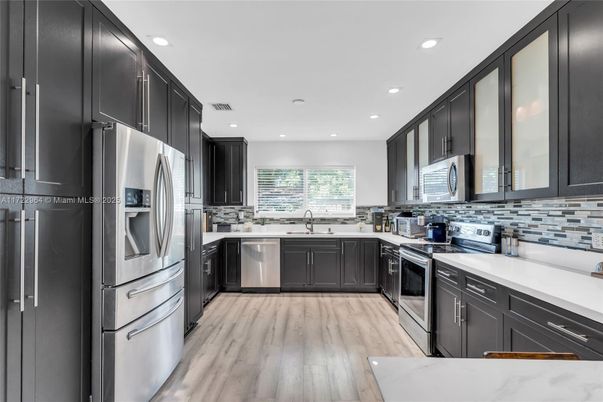 Interior, Kitchen, Recessed Lighting, Stainless Steel Appliances, Wood Texture Flooring