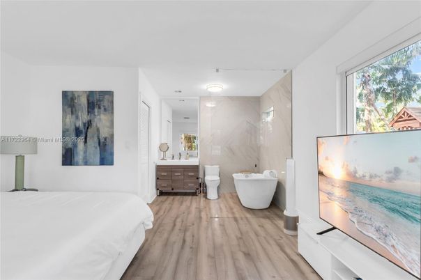 Bathroom, Bedroom, Free Standing Baths, Interior, Marble Walls, Wood Texture Flooring