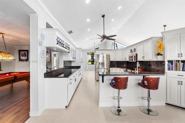 Billiard Table, Interior, Kitchen, Pendant Lights, Recessed Lighting, Stainless Steel Appliances, Wood Texture Flooring