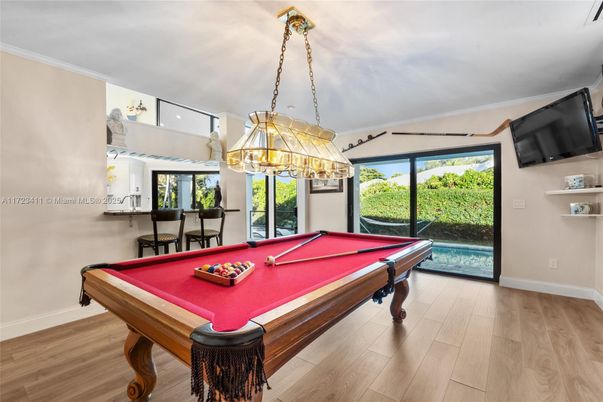 Billiard Table, Chandelier, Game Room, Interior, Pendant Lights, Wood Texture Flooring